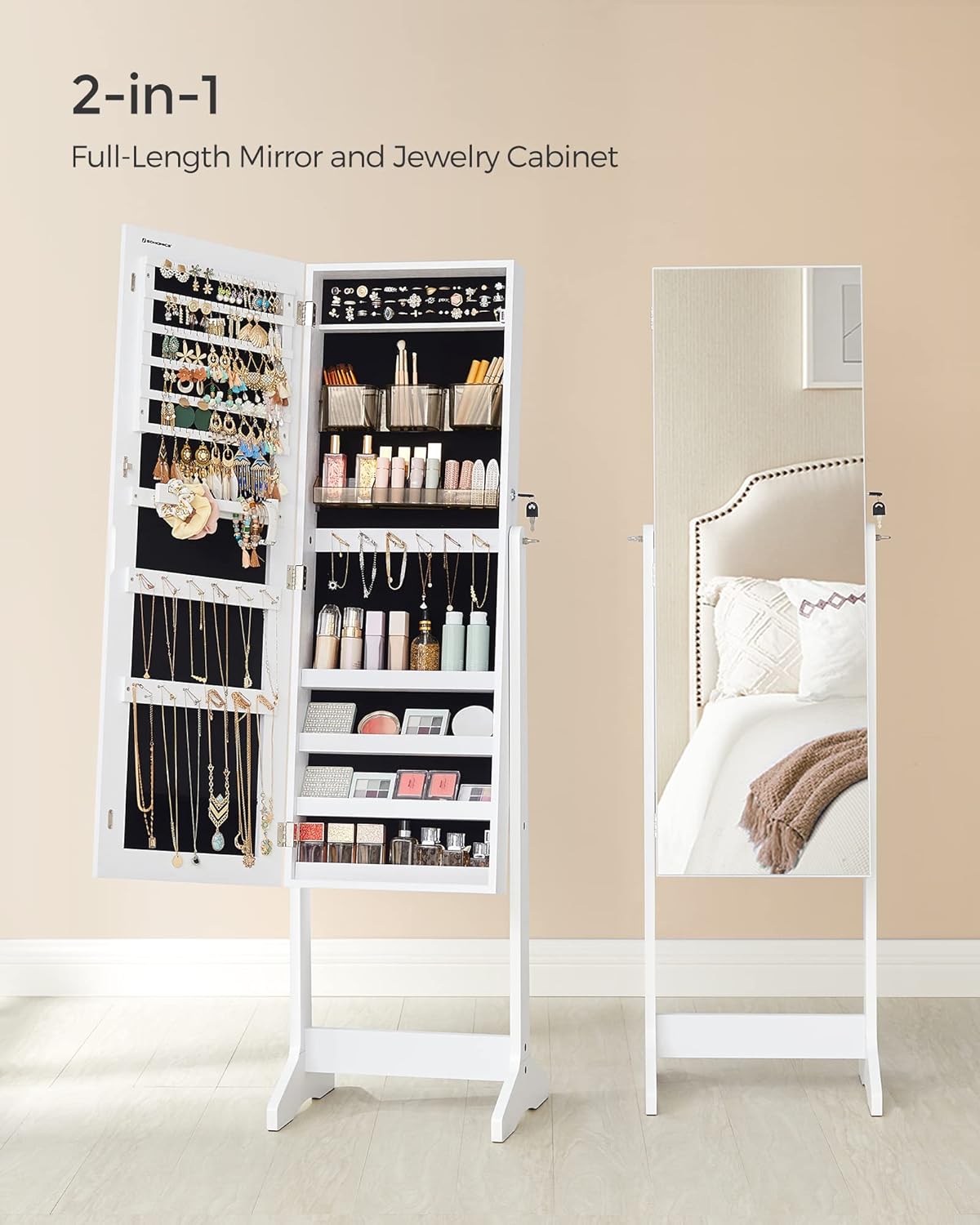 SONGMICS Jewelry Cabinet Armoire, Freestanding Lockable Storage Organizer Unit with 2 Plastic Cosmetic Storage, Full-Length Frameless Mirror, for Necklace Earring, White UJJC002W01 - Image 4