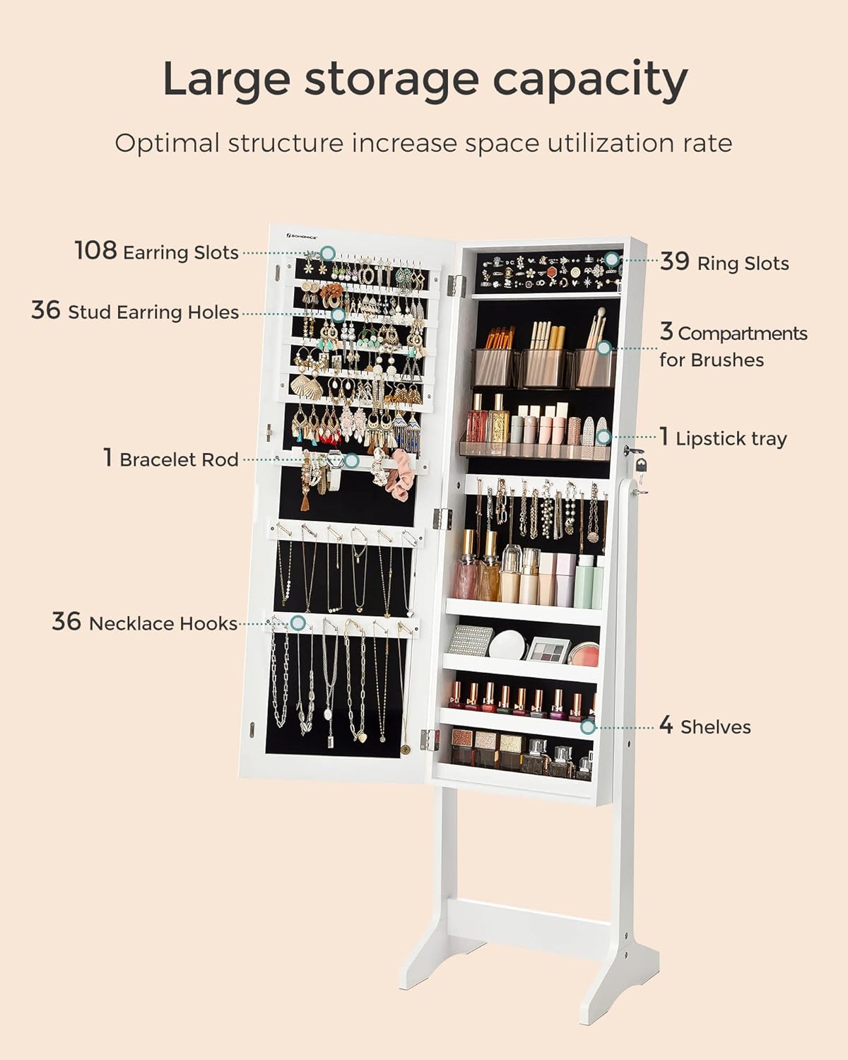 SONGMICS Jewelry Cabinet Armoire, Freestanding Lockable Storage Organizer Unit with 2 Plastic Cosmetic Storage, Full-Length Frameless Mirror, for Necklace Earring, White UJJC002W01 - Image 5
