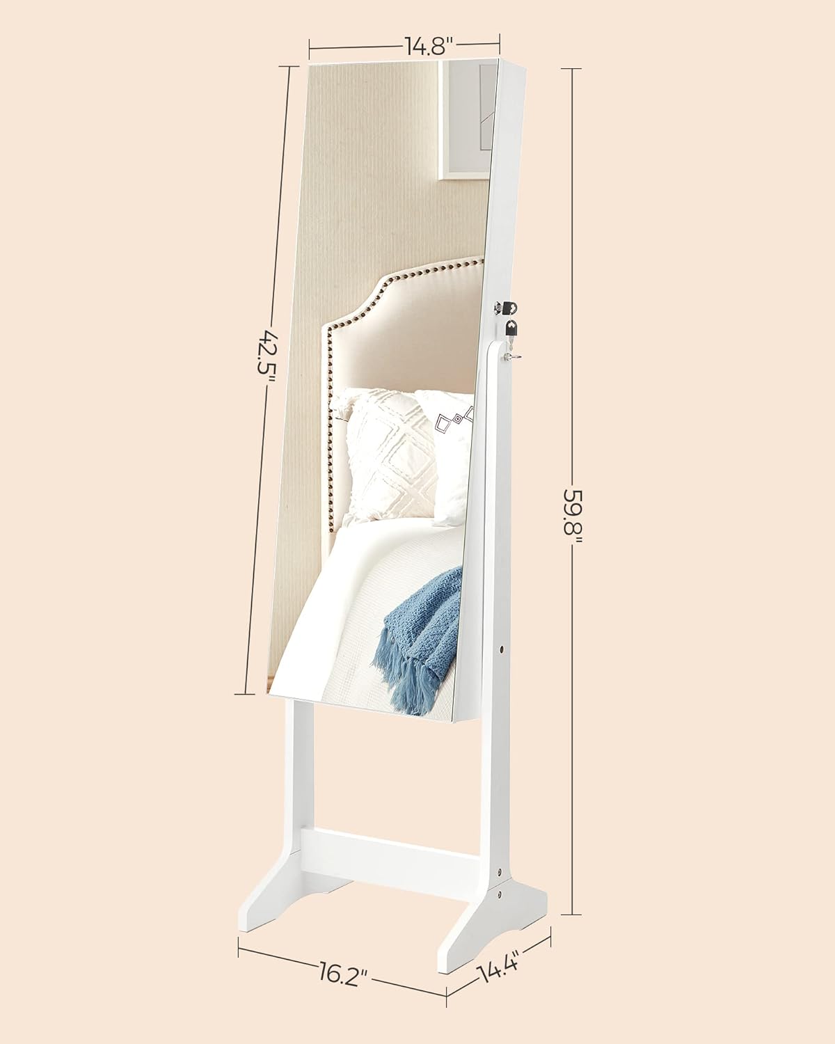 SONGMICS Jewelry Cabinet Armoire, Freestanding Lockable Storage Organizer Unit with 2 Plastic Cosmetic Storage, Full-Length Frameless Mirror, for Necklace Earring, White UJJC002W01 - Image 7