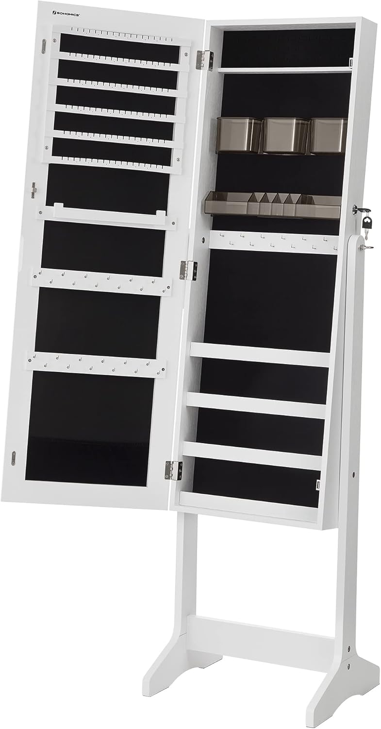 SONGMICS Jewelry Cabinet Armoire, Freestanding Lockable Storage Organizer Unit with 2 Plastic Cosmetic Storage, Full-Length Frameless Mirror, for Necklace Earring, White UJJC002W01 - Image 9