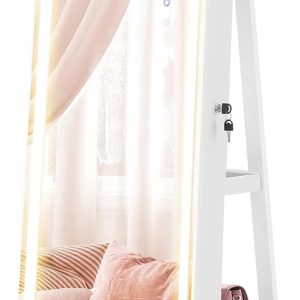 SONGMICS LED Jewelry Cabinet Standing, Lockable Armoire With Full-Length Mirror and Adjustable Lights, Space-Saving Organizer, Gift Idea, Cloud White UJJC008W01 - 1