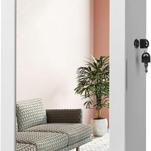 SONGMICS Lockable Jewelry Cabinet Armoire with Mirror, Wall-Mounted Space Saving Jewelry Storage Organizer, White UJJC51WT - 1
