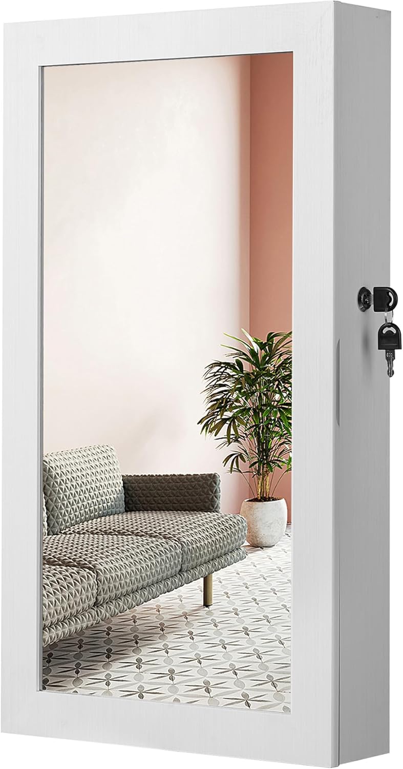 SONGMICS Lockable Jewelry Cabinet Armoire with Mirror, Wall-Mounted Space Saving Jewelry Storage Organizer, White UJJC51WT - 1