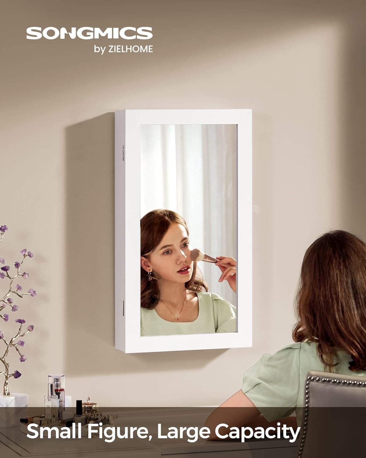 SONGMICS Lockable Jewelry Cabinet Armoire with Mirror, Wall-Mounted Space Saving Jewelry Storage Organizer, White UJJC51WT - Image 3