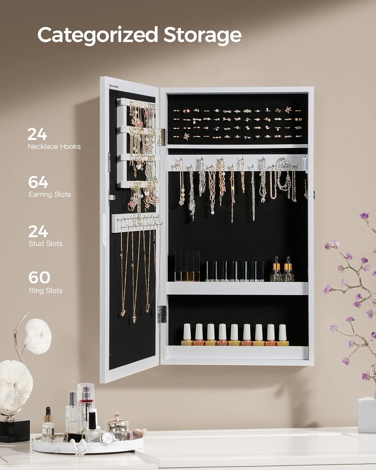 SONGMICS Lockable Jewelry Cabinet Armoire with Mirror, Wall-Mounted Space Saving Jewelry Storage Organizer, White UJJC51WT - Image 4