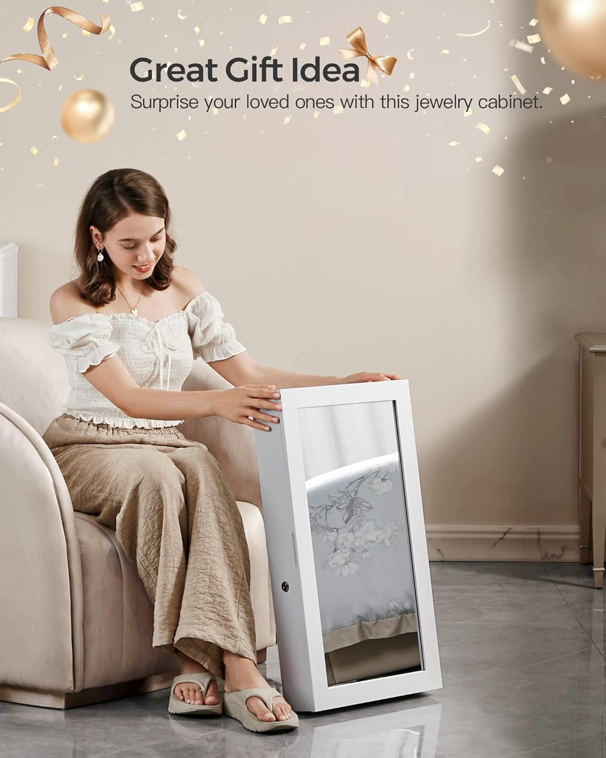 SONGMICS Lockable Jewelry Cabinet Armoire with Mirror, Wall-Mounted Space Saving Jewelry Storage Organizer, White UJJC51WT - Image 6