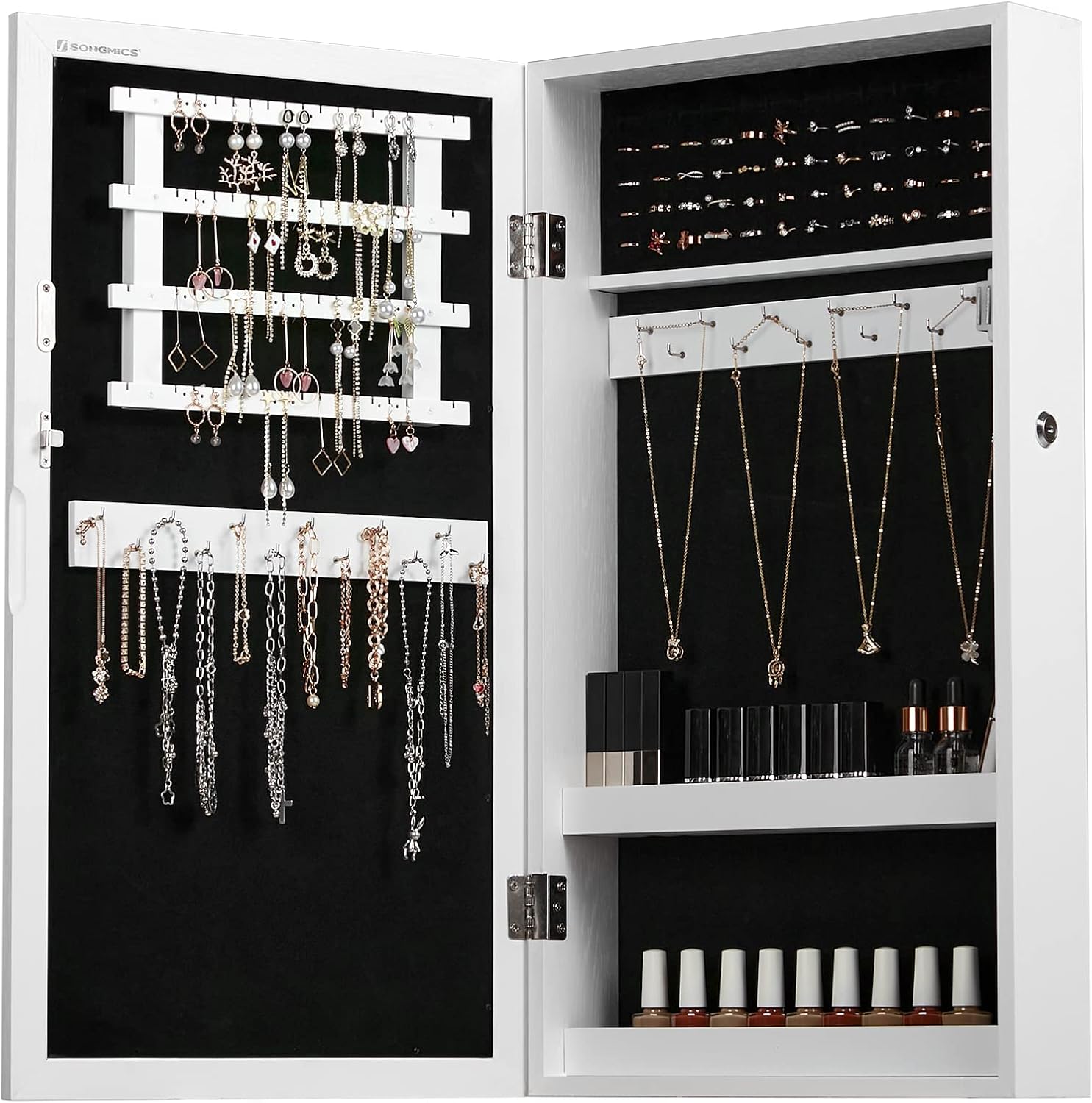 SONGMICS Lockable Jewelry Cabinet Armoire with Mirror, Wall-Mounted Space Saving Jewelry Storage Organizer, White UJJC51WT - Image 2