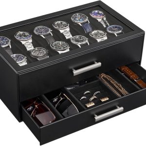 ProCase 12-Slot Watch Box, 2-Tier Pull-Out Drawers Display Case for Men, Fathers Day Gift for Dad Men with Clear Top Lid, Jewelry Sunglass Storage Organizer, Anniversary Birthday Gifts -Black - 1