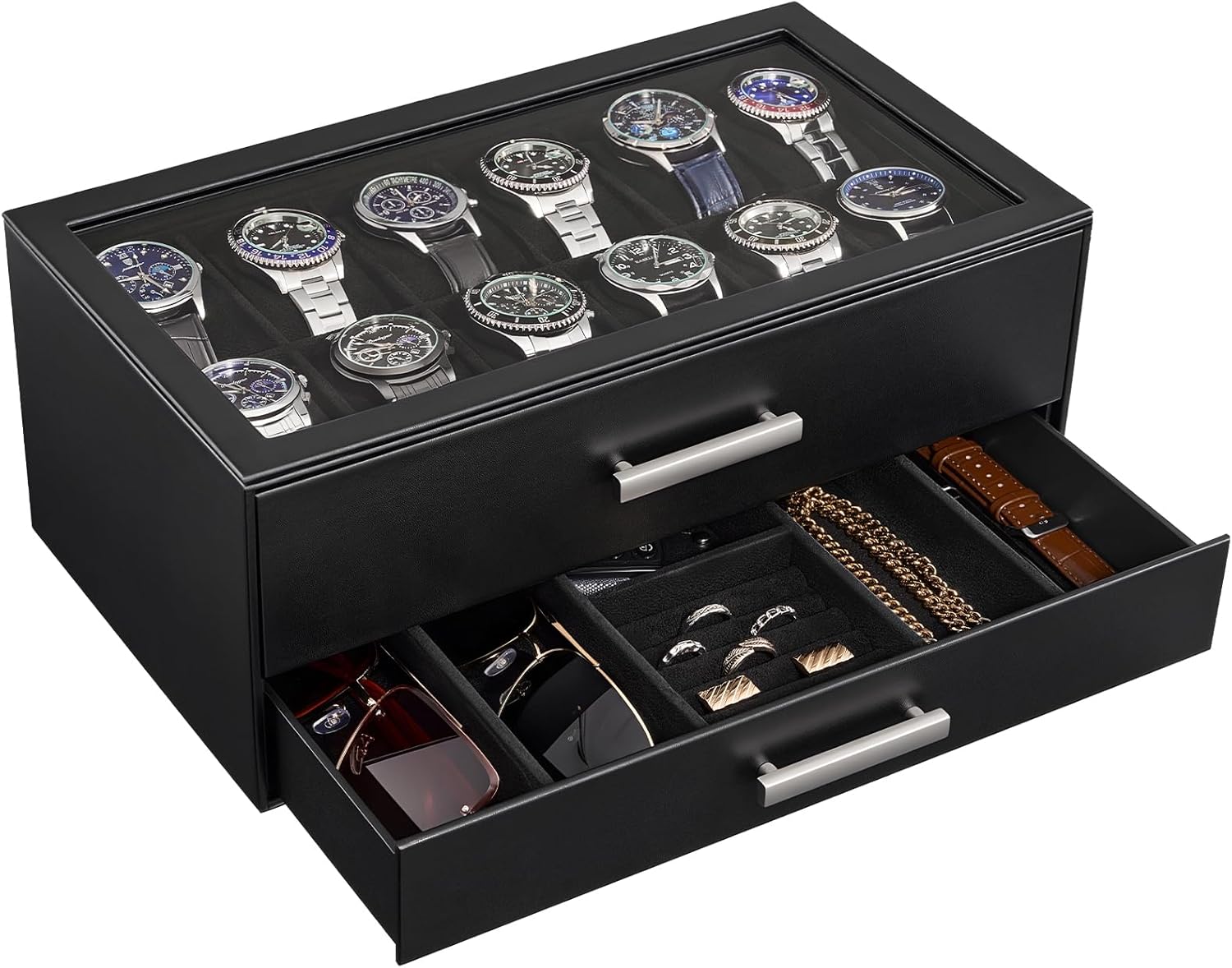 ProCase 12-Slot Watch Box, 2-Tier Pull-Out Drawers Display Case for Men, Fathers Day Gift for Dad Men with Clear Top Lid, Jewelry Sunglass Storage Organizer, Anniversary Birthday Gifts -Black - 1