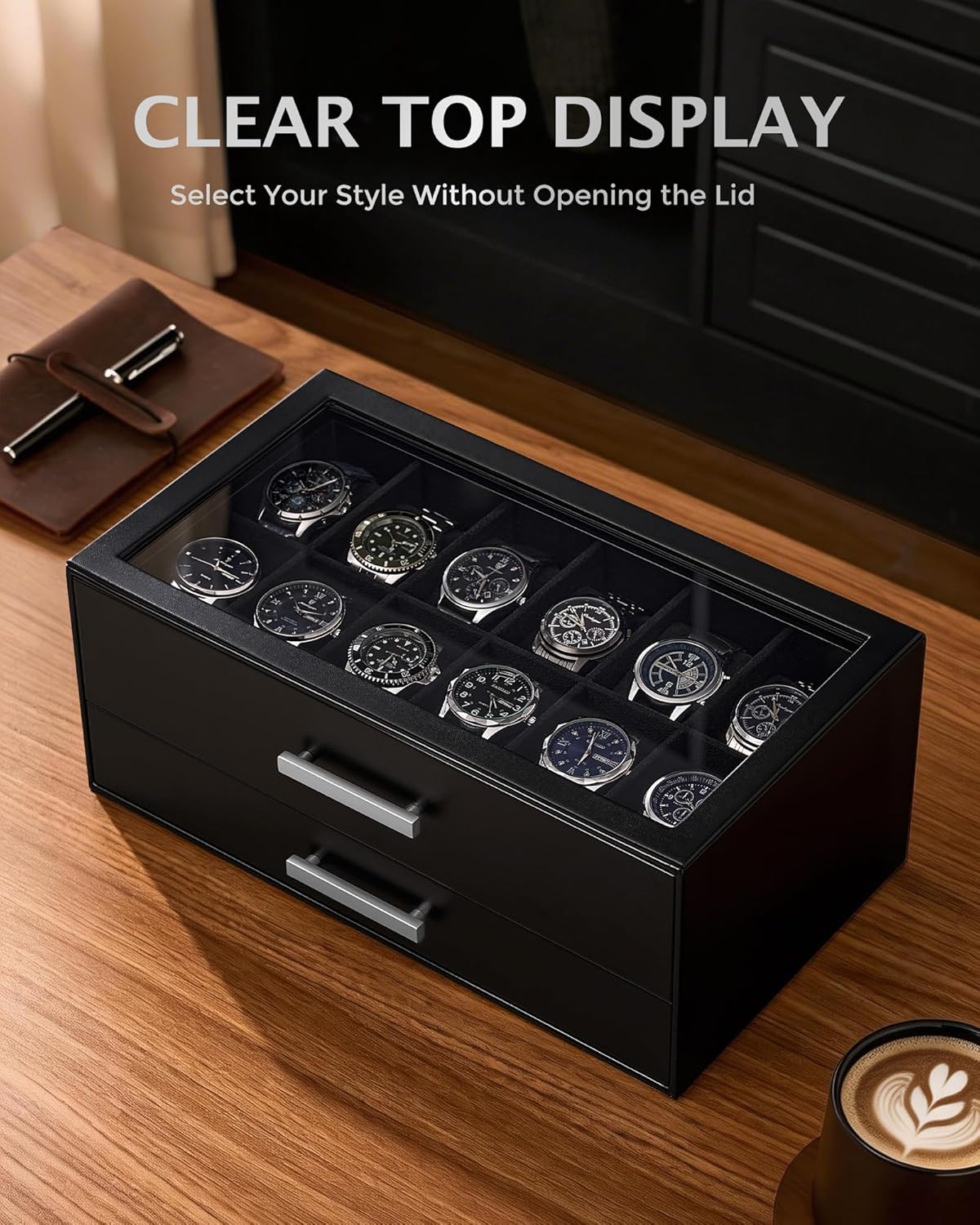 ProCase 12-Slot Watch Box, 2-Tier Pull-Out Drawers Display Case for Men, Fathers Day Gift for Dad Men with Clear Top Lid, Jewelry Sunglass Storage Organizer, Anniversary Birthday Gifts -Black - Image 5
