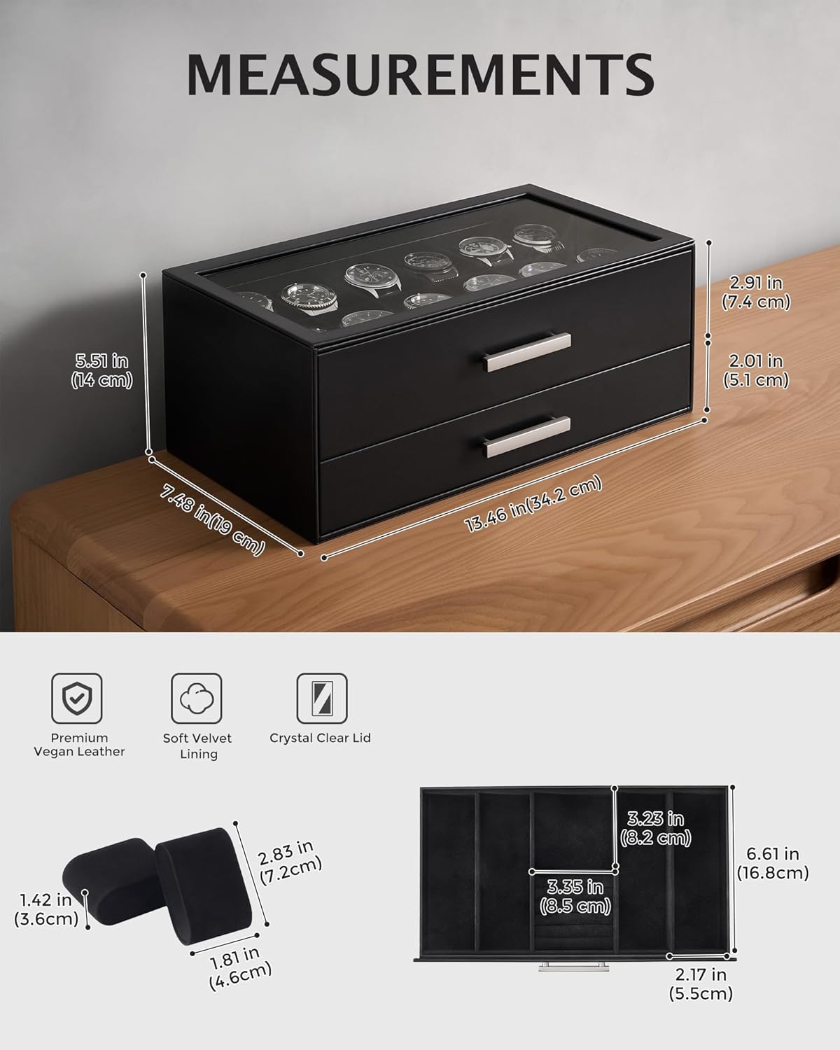 ProCase 12-Slot Watch Box, 2-Tier Pull-Out Drawers Display Case for Men, Fathers Day Gift for Dad Men with Clear Top Lid, Jewelry Sunglass Storage Organizer, Anniversary Birthday Gifts -Black - Image 8