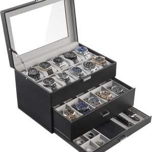 ProCase 20 Slot Watch Box for Men, 3-Layer Watch Display Case with Glass Lid, Watch Holder with Drawer, Jewelry Storage Organizer for Watches Straps Rings, Fathers Day Gift -Black - 1