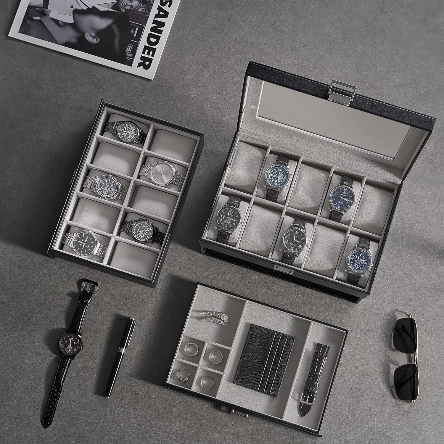 ProCase 20 Slot Watch Box for Men, 3-Layer Watch Display Case with Glass Lid, Watch Holder with Drawer, Jewelry Storage Organizer for Watches Straps Rings, Fathers Day Gift -Black - Image 5