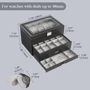 Alternative view of ProCase 20 Slot Watch Box for Men, 3-Layer Watch Display Case with Glass Lid, Watch Holder with Drawer, Jewelry Storage Organizer for Watches Straps Rings, Fathers Day Gift -Black