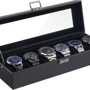 ProCase 6 Slot Watch Case Box for Men, PU leather Man Watch Organizer with Soft Pillow, Lockable Watch Collection Storage Holder with Glass Display Lid, Fathers Day Gift for Dad -AllBlack - 1