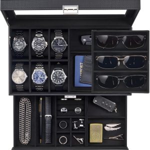 ProCase Mens Jewelry Box, Lockable 6 Slot Watch Case & 3 Slot Sunglasses Organizer, 2-layer Mens Jewelry Organizer Watch Box for Men, Watches Holder Display Storage Valentine Birthday Gifts - 1