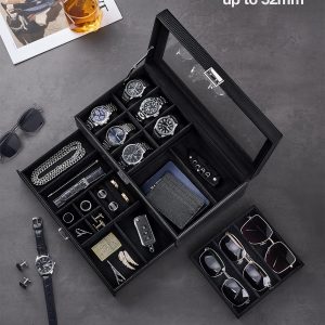 Alternative view of ProCase Mens Jewelry Box, Lockable 6 Slot Watch Case & 3 Slot Sunglasses Organizer, 2-layer Mens Jewelry Organizer Watch Box for Men, Watches Holder Display Storage Valentine Birthday Gifts -AllBlack