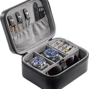 ProCase Travel Watch Case, 2 Slots PU Mens Jewelry Box, Portable Watches Storage, Zippered Carrying Organizer Bag, Fathers Day Gift -Black - 1