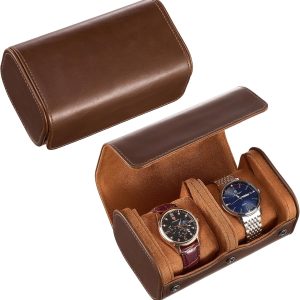 ProCase Watch Travel Case, 2 Slots PU Leather Watch Roll Box for Men, Portable Watch Holder Organizer, Gifts Ideas -Brown - 1