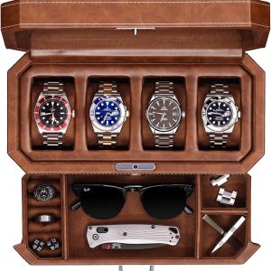 ROTHWELL 4 Slot Leather Watch Box with Valet Drawer - Luxury Case Display Jewelry Organizer, Locking Display Case Holder with Real Glass Top - Watch Box Organizer for Men & Women (Tan) - 1
