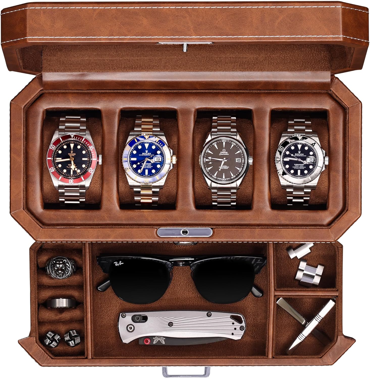 ROTHWELL 4 Slot Leather Watch Box with Valet Drawer - Luxury Case Display Jewelry Organizer, Locking Display Case Holder with Real Glass Top - Watch Box Organizer for Men & Women (Tan) - 1