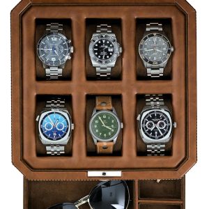 ROTHWELL 6 Slot Leather Watch Box with Valet Drawer - Luxury Case Display Organizer, Microsuede Liner, Locking Mens Jewelry Watches Holder, Men's Watch Storage Large Glass Top (Tan-Brown) - 1