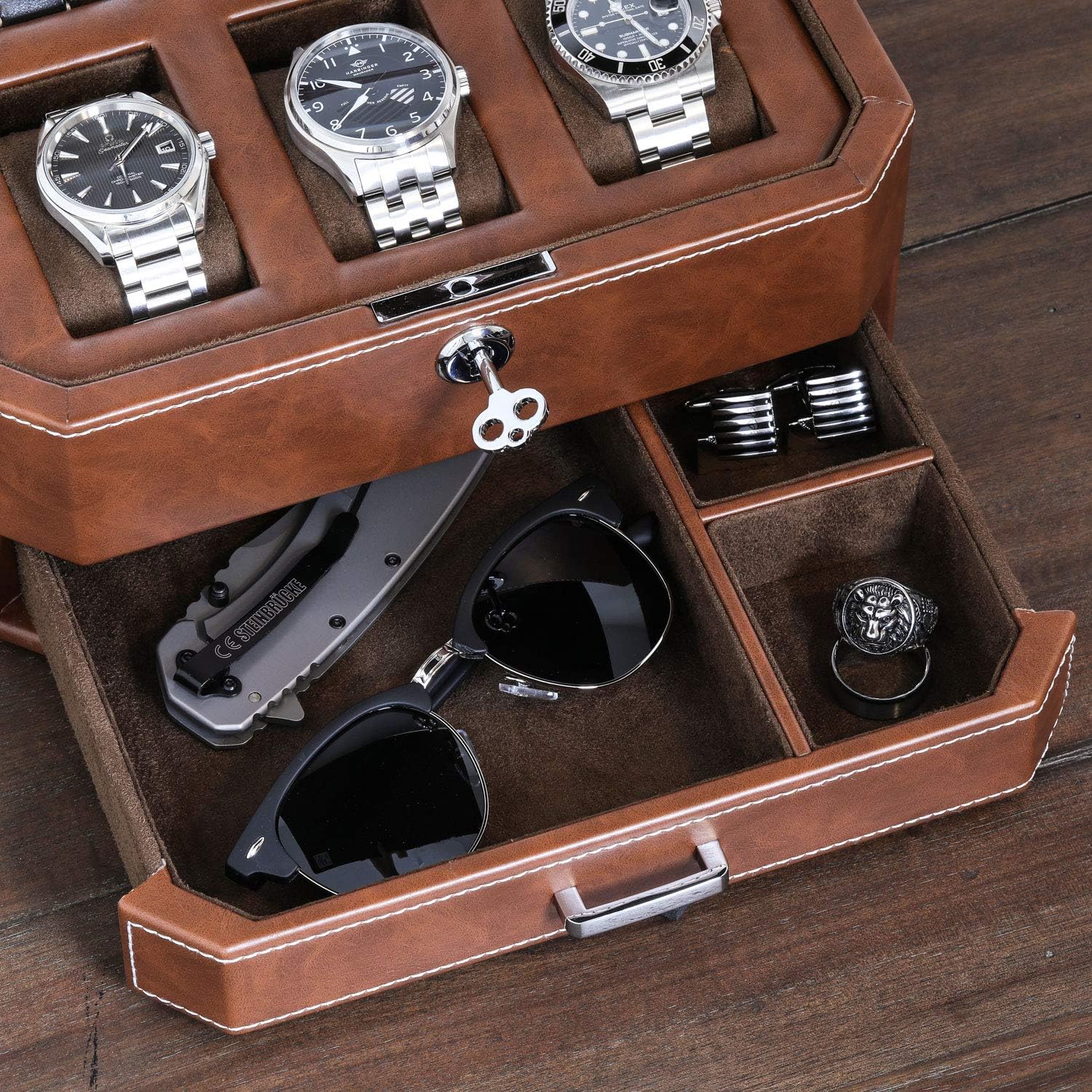 ROTHWELL 6 Slot Leather Watch Box with Valet Drawer - Luxury Case Display Organizer, Microsuede Liner, Locking Mens Jewelry Watches Holder, Men's Watch Storage Large Glass Top (Tan/Brown) - Image 5