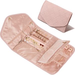 Amrules Travel Jewelry Organizer Bag Anti-Tangle Foldable Small Jewelry Roll Travel Case Accessory for Necklaces, Earrings, Rings, Bracelets, Watches, Pink - 1