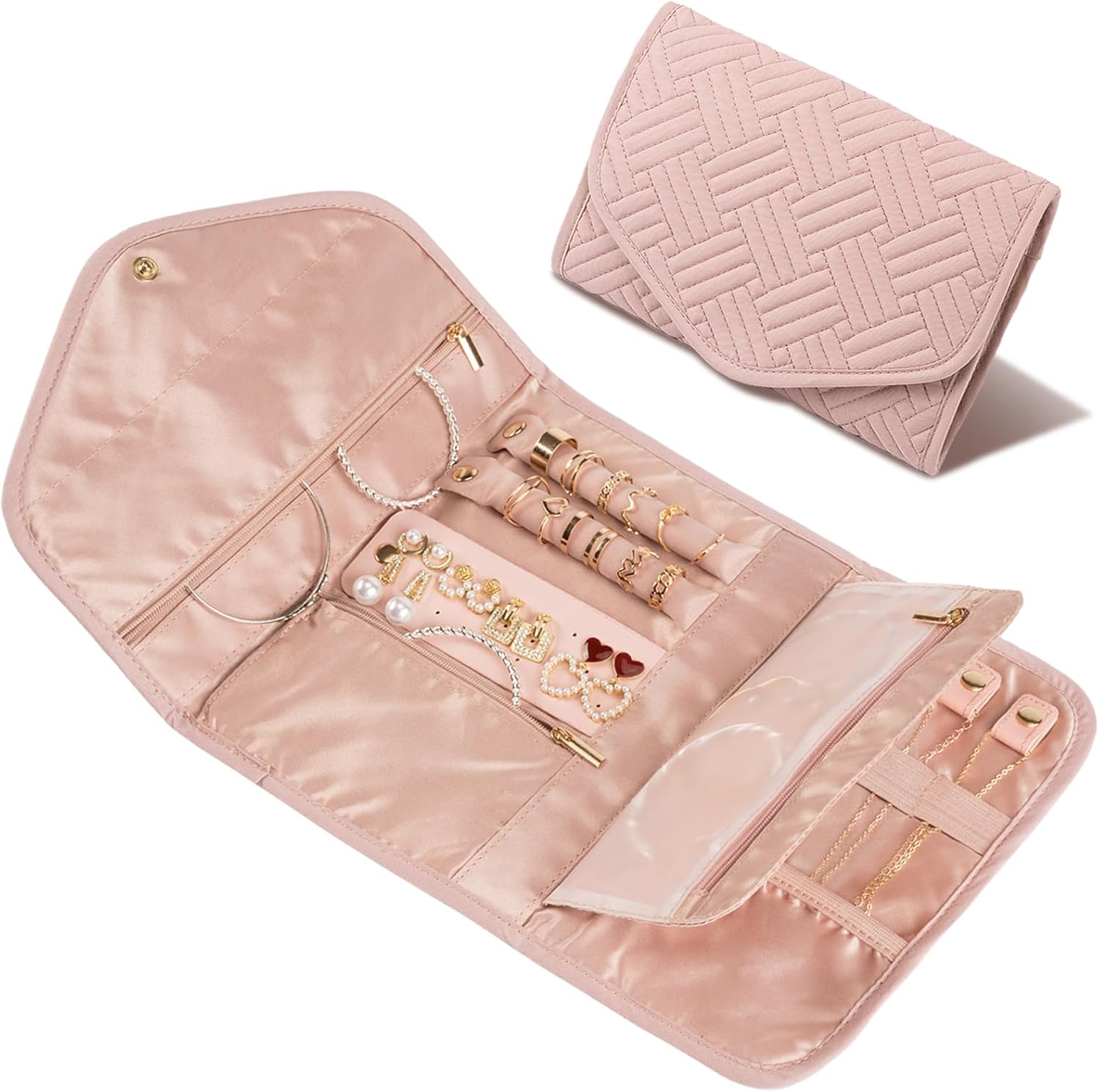 Amrules Travel Jewelry Organizer Bag Anti-Tangle Foldable Small Jewelry Roll Travel Case Accessory for Necklaces, Earrings, Rings, Bracelets, Watches, Pink - 1