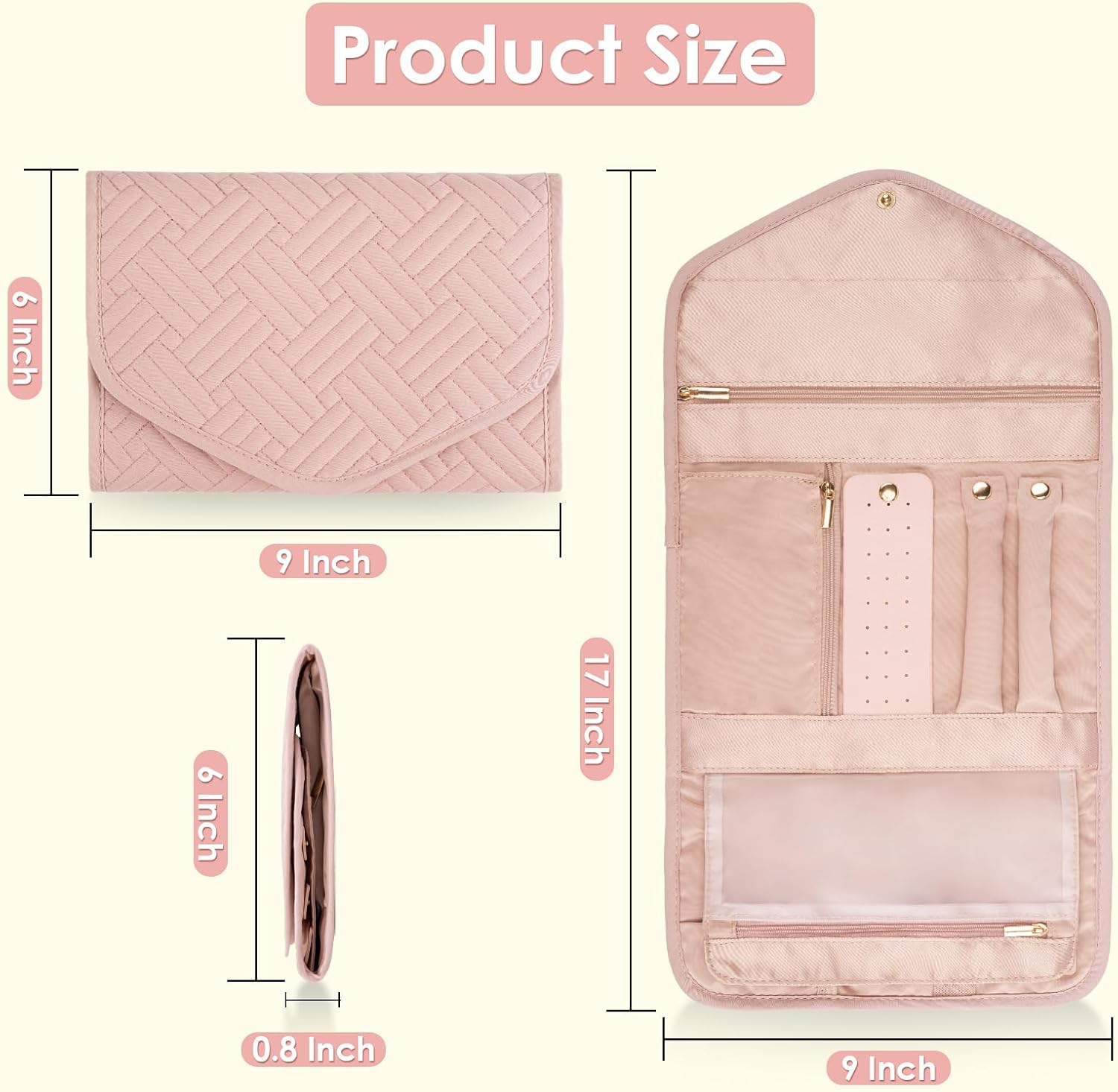 Amrules Travel Jewelry Organizer Bag Anti-Tangle Foldable Small Jewelry Roll Travel Case Accessory for Necklaces, Earrings, Rings, Bracelets, Watches, Pink - Image 7