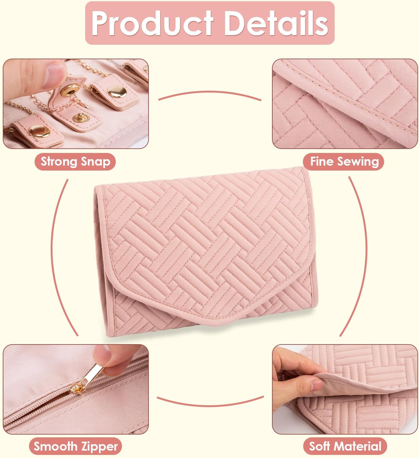 Amrules Travel Jewelry Organizer Bag Anti-Tangle Foldable Small Jewelry Roll Travel Case Accessory for Necklaces, Earrings, Rings, Bracelets, Watches, Pink - Image 6