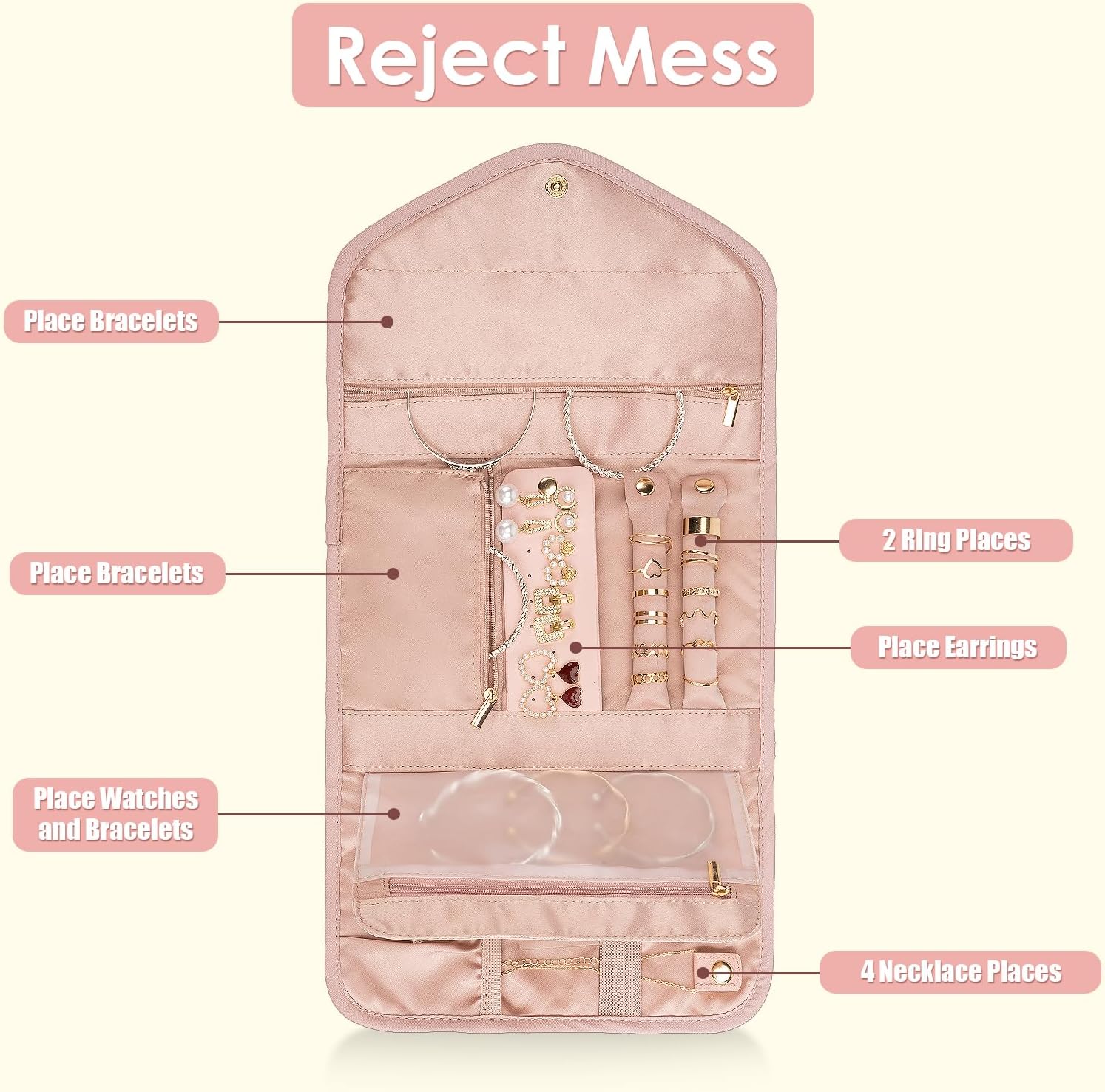 Amrules Travel Jewelry Organizer Bag Anti-Tangle Foldable Small Jewelry Roll Travel Case Accessory for Necklaces, Earrings, Rings, Bracelets, Watches, Pink - Image 5