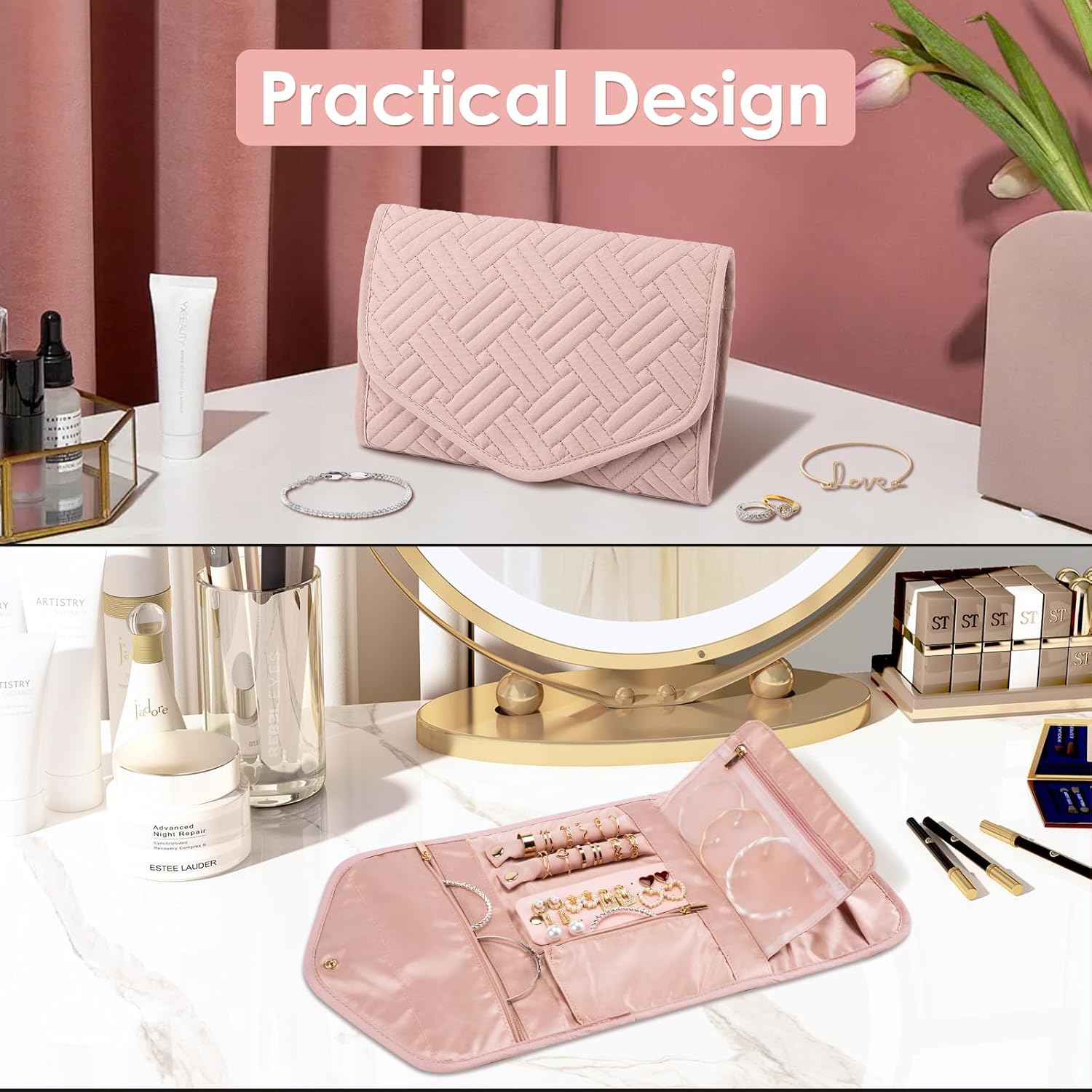 Amrules Travel Jewelry Organizer Bag Anti-Tangle Foldable Small Jewelry Roll Travel Case Accessory for Necklaces, Earrings, Rings, Bracelets, Watches, Pink - Image 4