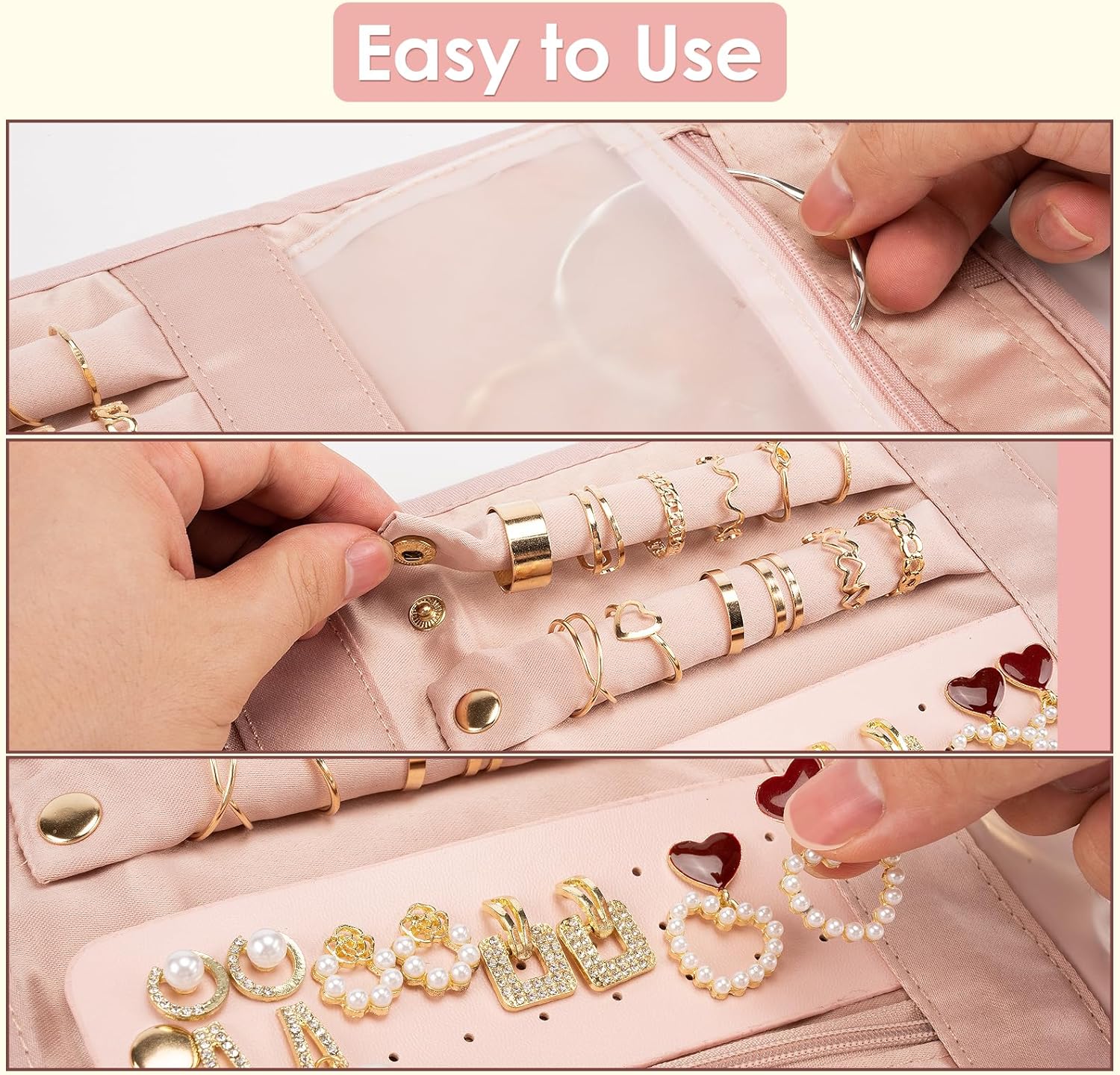 Amrules Travel Jewelry Organizer Bag Anti-Tangle Foldable Small Jewelry Roll Travel Case Accessory for Necklaces, Earrings, Rings, Bracelets, Watches, Pink - Image 3