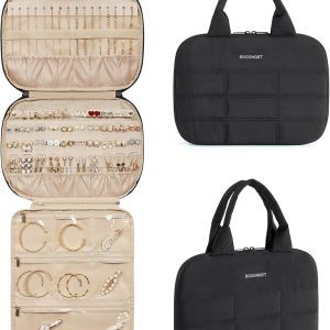 BAGSMART Jewelry Travel Case, Hanging Jewelry Organizer with Zipper Pockets, Large Capacity Puffy Jewelry Roll for Earrings, Necklaces, Rings on Closet, Wall, Door, Portable Travel Essentials, Black - 1