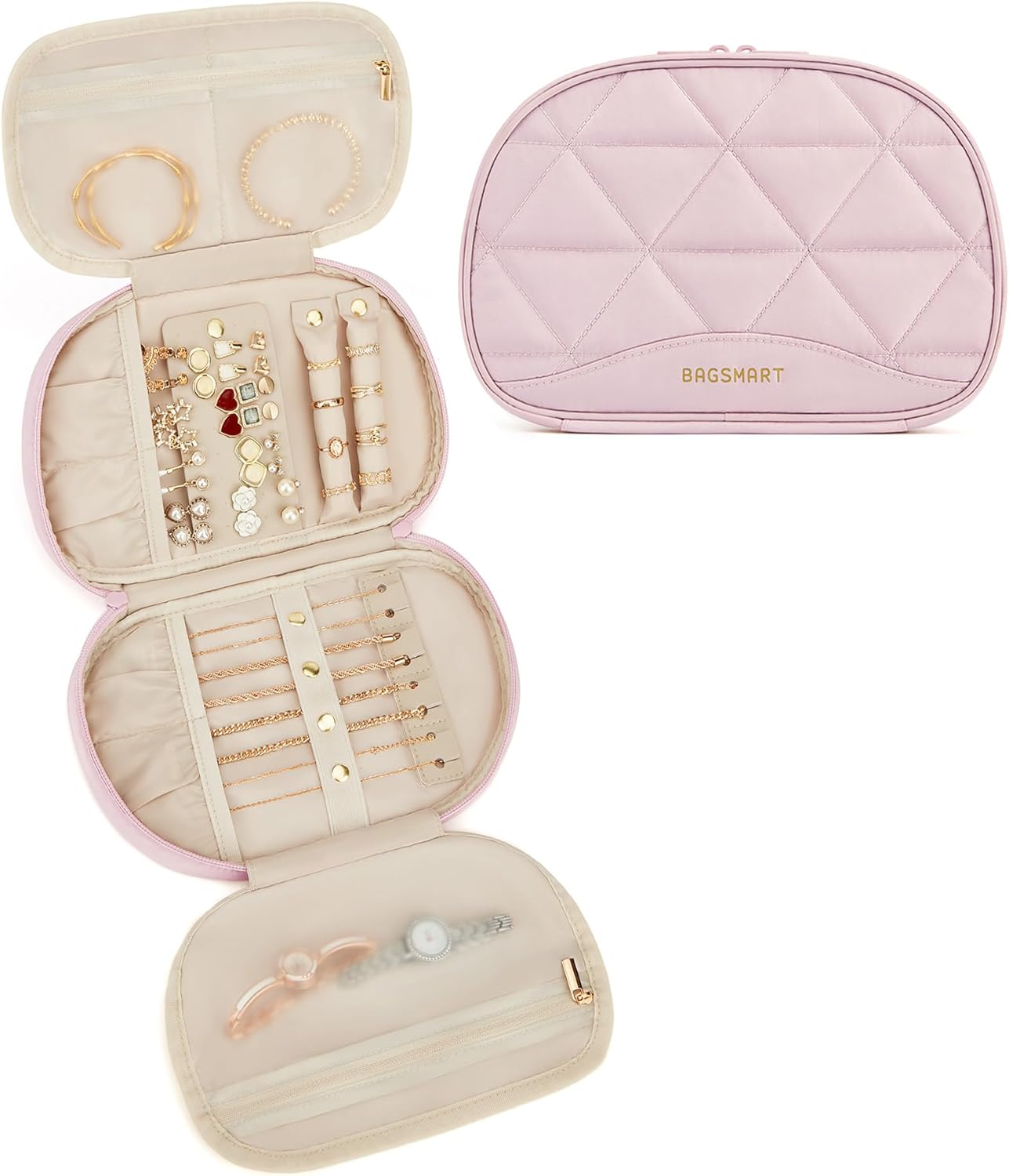 BAGSMART Travel Jewelry Case Jewelry Organizer Storage Roll Rings Necklaces Earrings Bracelets Brooches Watch Large Portable Light Pink - 1