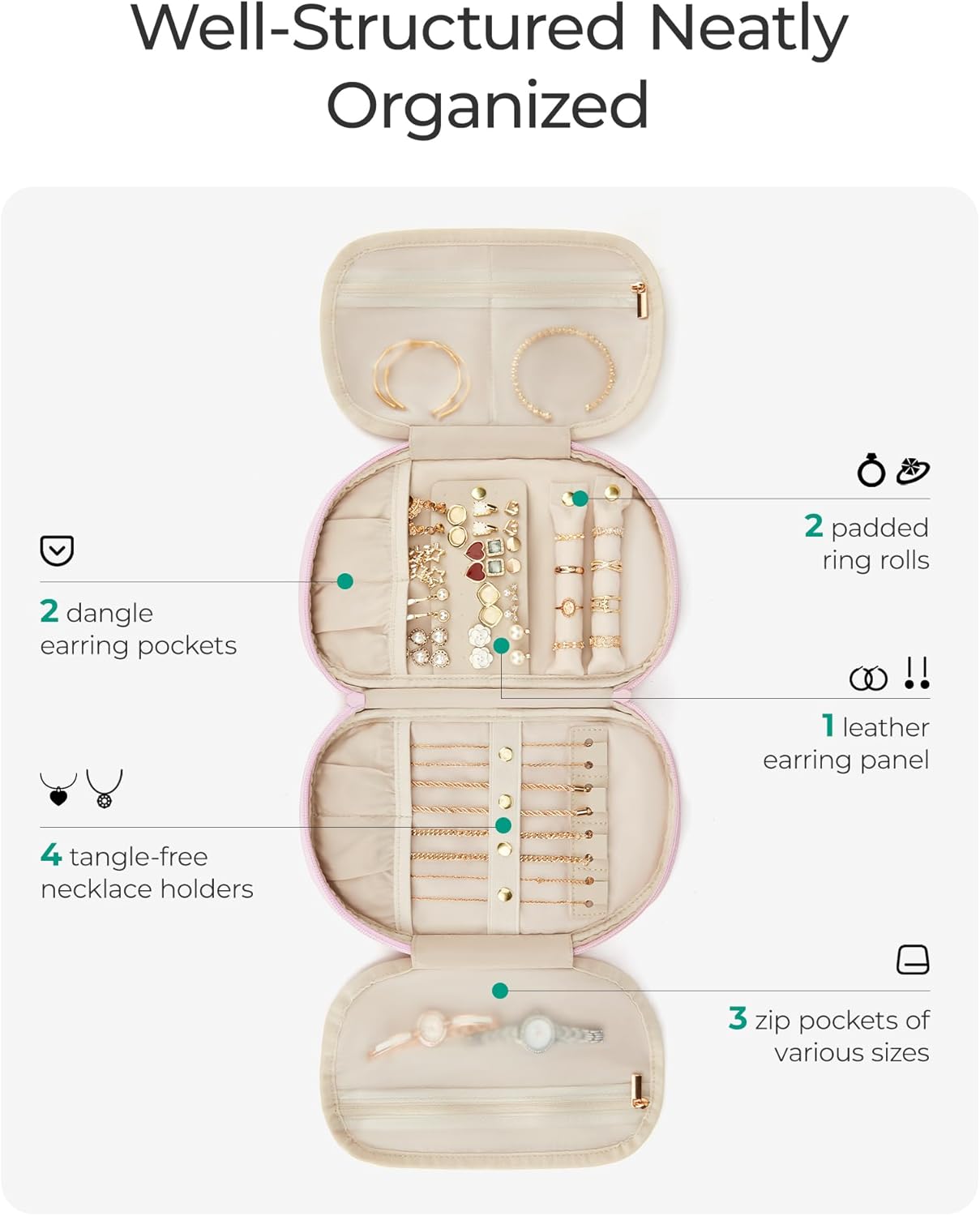 BAGSMART Travel Jewelry Case Jewelry Organizer Storage Roll Rings Necklaces Earrings Bracelets Brooches Watch Large Portable Light Pink - Image 7