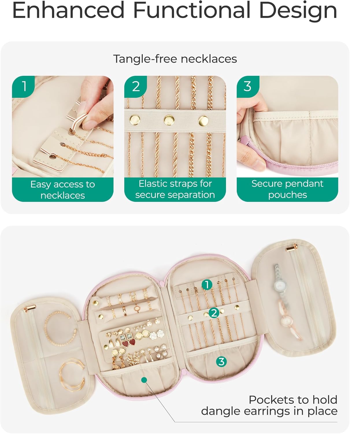 BAGSMART Travel Jewelry Case Jewelry Organizer Storage Roll Rings Necklaces Earrings Bracelets Brooches Watch Large Portable Light Pink - Image 6