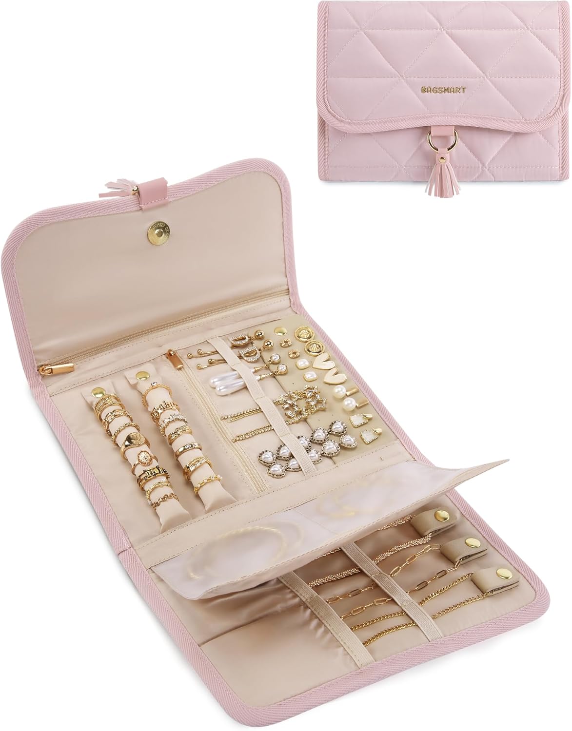BAGSMART Travel Jewelry Case Organizer, Roll Foldable Jewelry Case for Journey-Rings, Necklaces, Earrings, Bracelets, Brooches, Portable Travel Essentials, Pink - 1
