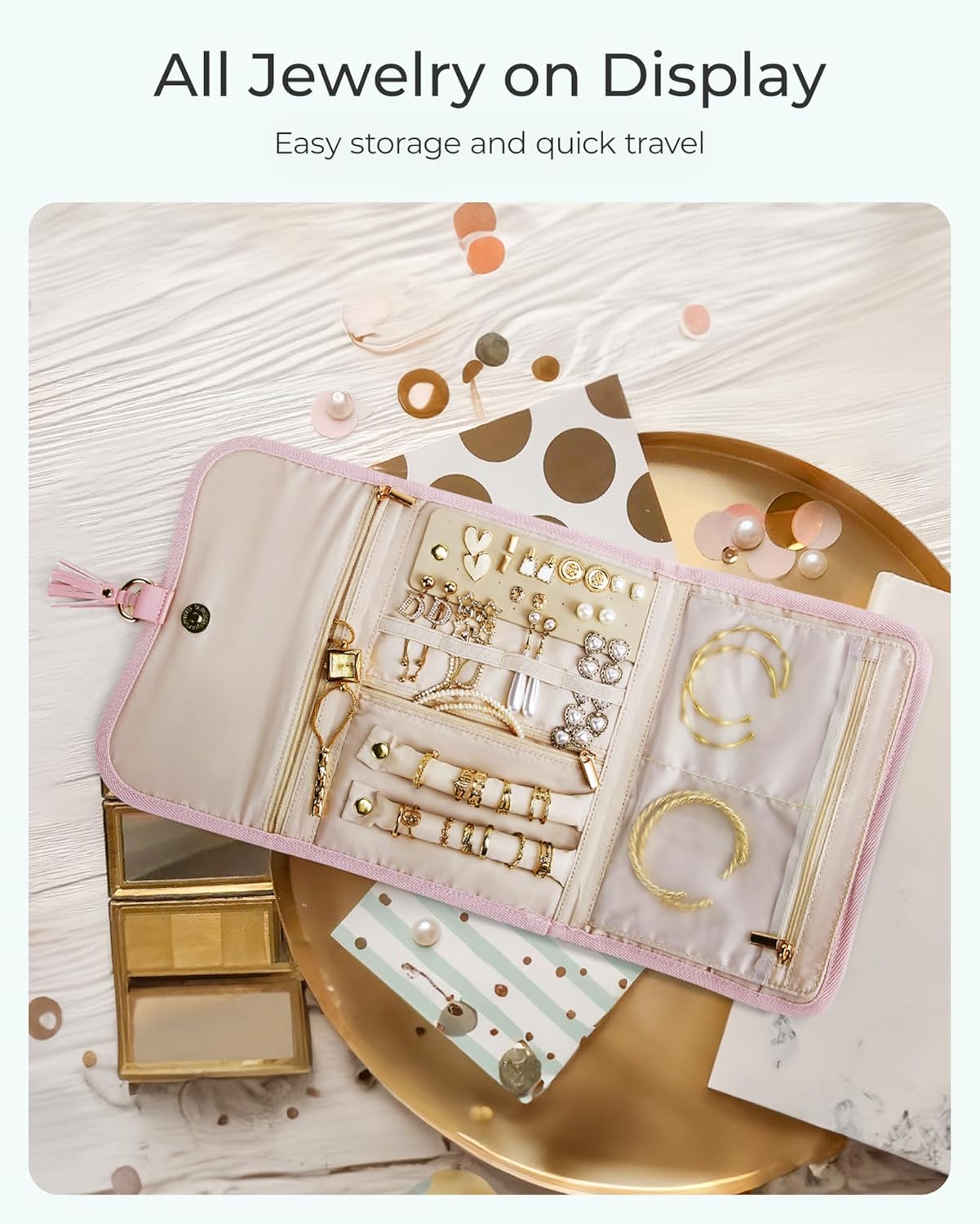 BAGSMART Travel Jewelry Case Organizer, Roll Foldable Jewelry Case for Journey-Rings, Necklaces, Earrings, Bracelets, Brooches, Portable Travel Essentials, Pink - Image 3
