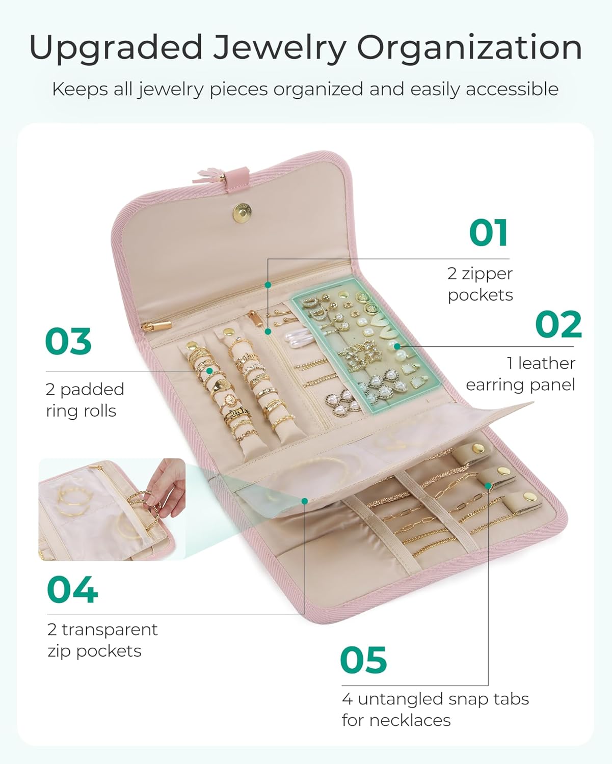 BAGSMART Travel Jewelry Case Organizer, Roll Foldable Jewelry Case for Journey-Rings, Necklaces, Earrings, Bracelets, Brooches, Portable Travel Essentials, Pink - Image 4