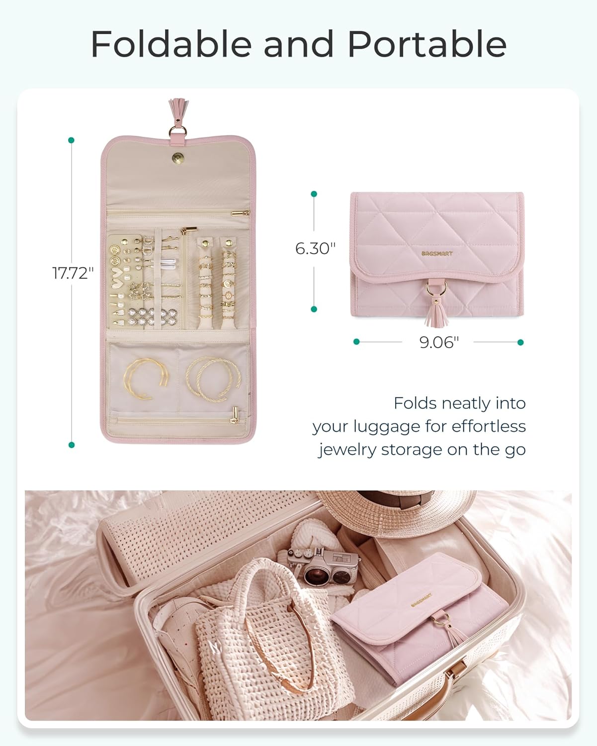 BAGSMART Travel Jewelry Case Organizer, Roll Foldable Jewelry Case for Journey-Rings, Necklaces, Earrings, Bracelets, Brooches, Portable Travel Essentials, Pink - Image 7