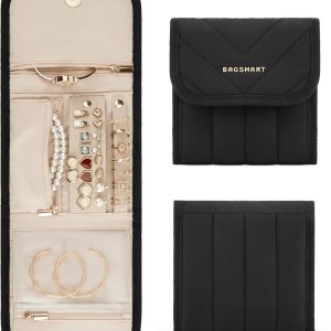 BAGSMART Travel Jewelry Organizer Case, Foldable Jewelry Roll for Necklaces, Earrings, Journey-Rings, Bracelets, Brooches, Portable, Black - 1