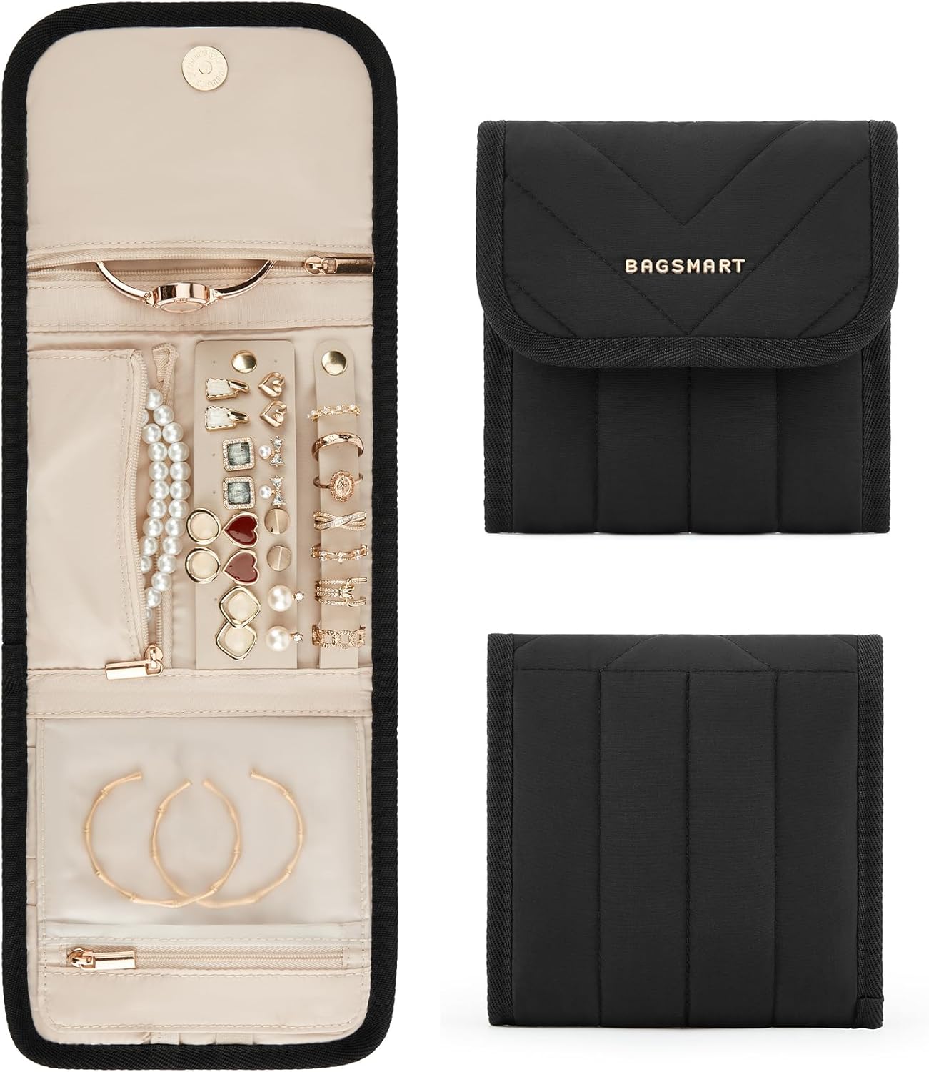 BAGSMART Travel Jewelry Organizer Case, Foldable Jewelry Roll for Necklaces, Earrings, Journey-Rings, Bracelets, Brooches, Portable, Black - 1