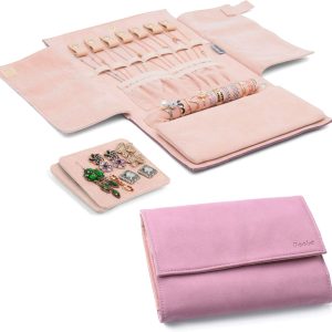 Becko US Jewelry Organizer Roll Travel Jewel Bag case for Multiple Necklaces, Rings, Bracelets, Supple Leather & Suede, Large Capacity Without Crease, Lightweight, Portable & Practical (Pink) - 1