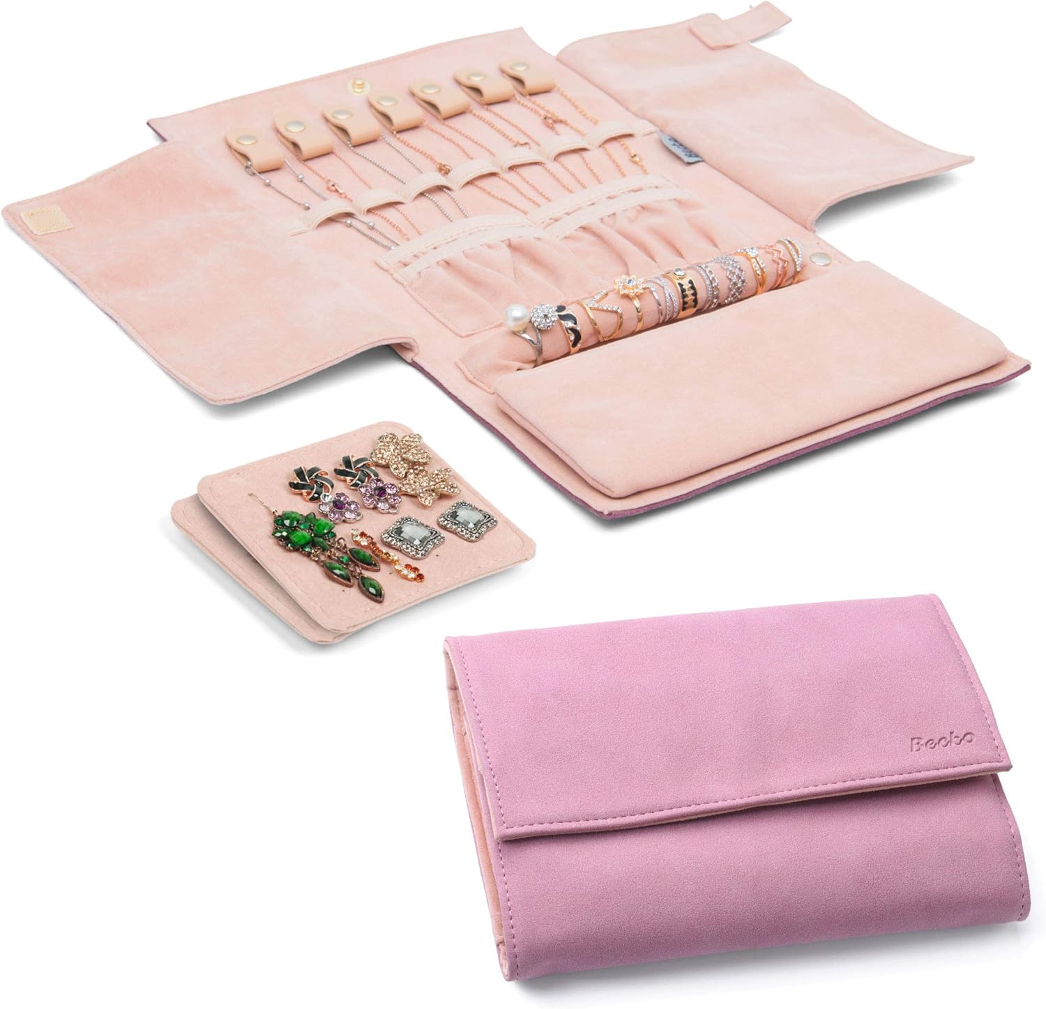 Becko US Jewelry Organizer Roll Travel Jewel Bag case for Multiple Necklaces, Rings, Bracelets, Supple Leather & Suede, Large Capacity Without Crease, Lightweight, Portable & Practical (Pink) - 1