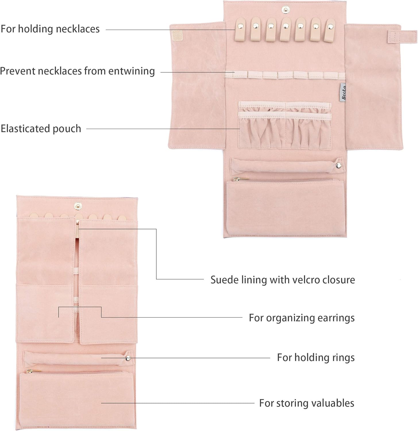 Becko US Jewelry Organizer Roll Travel Jewel Bag case for Multiple Necklaces, Rings, Bracelets, Supple Leather & Suede, Large Capacity Without Crease, Lightweight, Portable & Practical (Pink) - Image 5