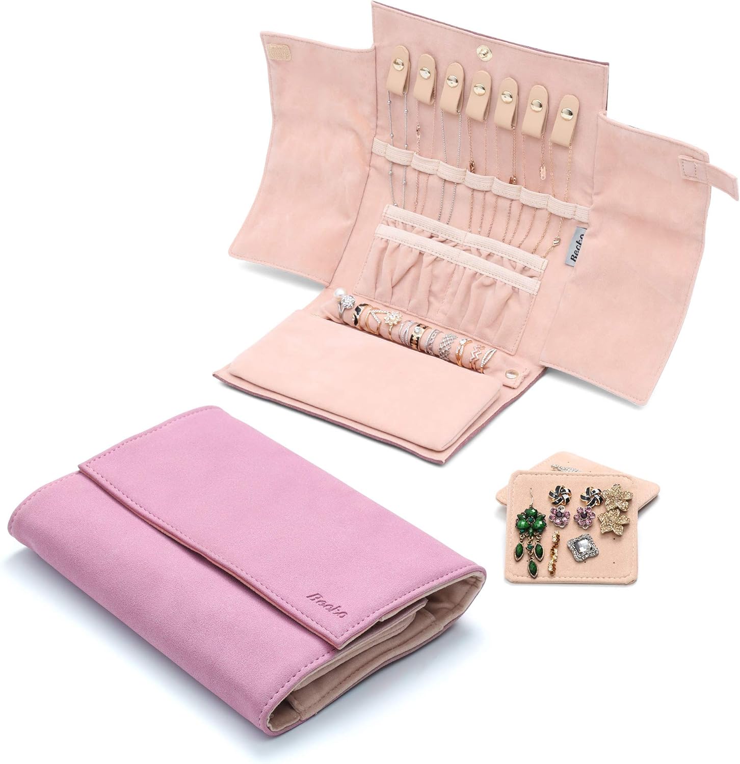 Becko US Jewelry Organizer Roll Travel Jewel Bag case for Multiple Necklaces, Rings, Bracelets, Supple Leather & Suede, Large Capacity Without Crease, Lightweight, Portable & Practical (Pink) - Image 3