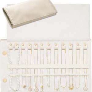 Lolalet Travel Necklace Organizer, Tangle-Free Necklace Case for Travel, Foldable Roll Up Jewelry Storage Bag for Necklaces Chains Bracelets, Beige, 12 Slots Holder - 1