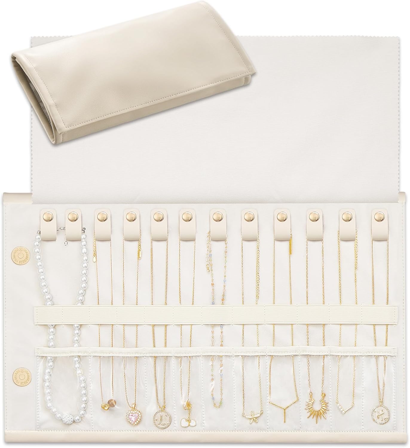Lolalet Travel Necklace Organizer, Tangle-Free Necklace Case for Travel, Foldable Roll Up Jewelry Storage Bag for Necklaces Chains Bracelets, Beige, 12 Slots Holder - 1